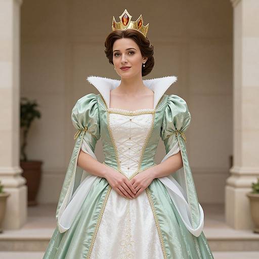 Photograph of a fair-skinned woman with short brown hair wearing a gold crown, mint green and white Renaissance-style gown, standing in a classical architectural