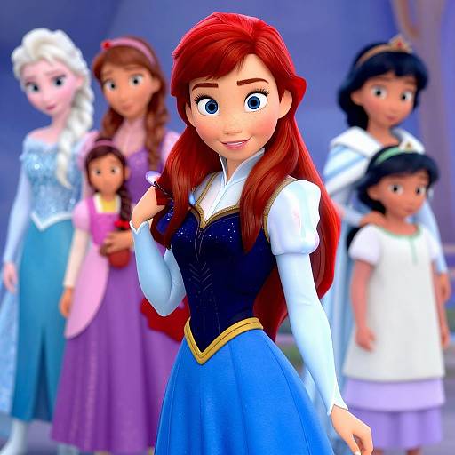 Digital CGI image of Disney's Frozen characters; Anna in the foreground, red hair, blue dress, surprised expression, background includes Elsa, Olaf,