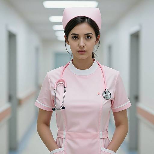 Photograph of a serious young Asian woman with dark hair in a pink nurse uniform and cap, standing in a bright, empty hospital hallway. Steth