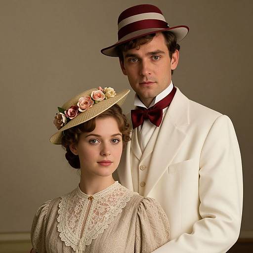 Photograph of a Victorian-era couple; man in white suit and maroon bowtie, brown striped hat, woman in lace dress, flowered hat