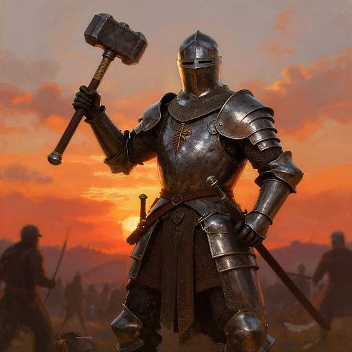 Digital painting of a knight in shiny, medieval armor holding a hammer, set against a vivid orange sunset, with silhouetted soldiers in the background