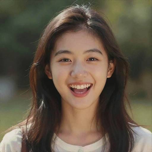 Photograph of a young Asian woman with long black hair, smiling widely, wearing a white shirt, set against a blurred green outdoor background.