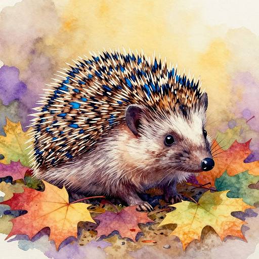 Watercolor Hedgehog Among Autumn Leaves