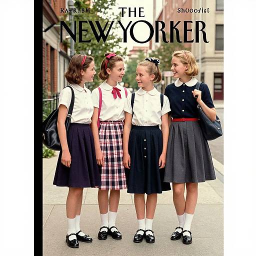 Photograph of four young girls in 1950s-style school uniforms, standing on a city sidewalk, smiling and chatting, with 