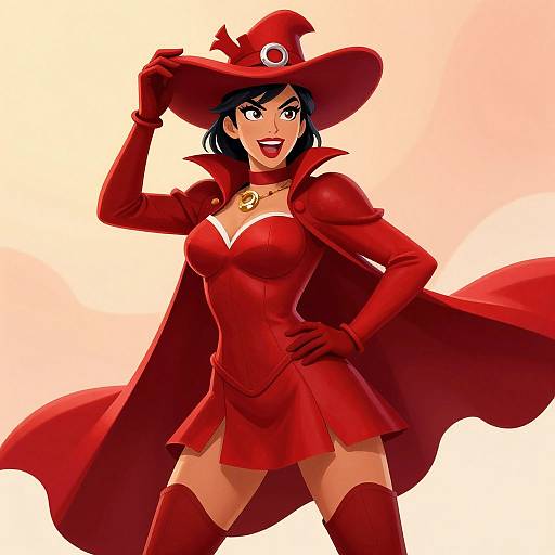 Digital anime-style illustration of a confident, black-haired woman in a red witch outfit, including hat, cape, gloves, and thigh-high boots, smiling