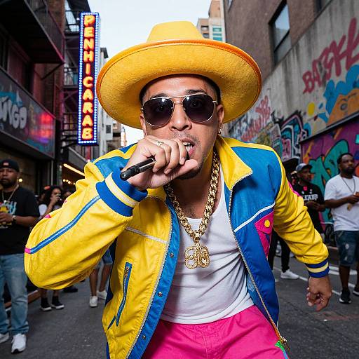 Photograph of a male rapper performing in a city alley, wearing a yellow hat, sunglasses, yellow-blue jacket, white tee, pink pants, gold