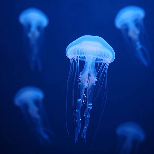 Photograph of glowing blue jellyfish with translucent, bell-shaped bodies and dangling tentacles, floating in a dark blue underwater environment.