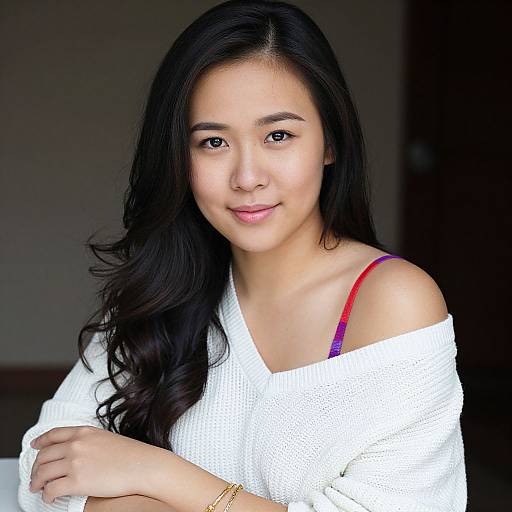 Photograph of an Asian woman with long black hair, wearing a white off-shoulder sweater, exposing a red bra strap, smiling softly, with