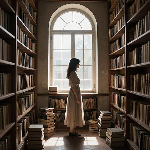 Photograph of a woman in a white dress, standing in a sunlit library aisle, surrounded by tall wooden bookshelves and stacks of books,