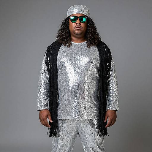 Photograph of a Black man with long curly hair, wearing a silver sequin outfit, black fringe scarf, and green-tinted sunglasses, against
