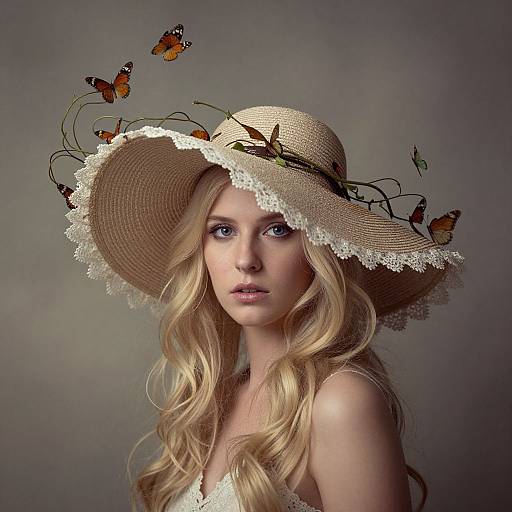 Photograph of a blonde woman with wavy hair, wearing a large, lace-trimmed sunhat with floating butterflies, against a gray background.