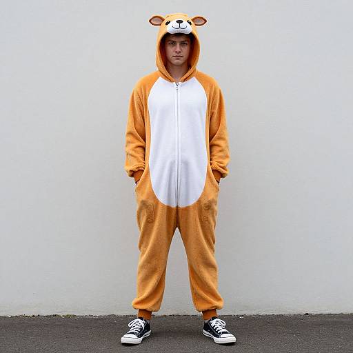 Young man in orange and white plush bear onesie with hood, black-and-white sneakers, standing against a plain white wall.