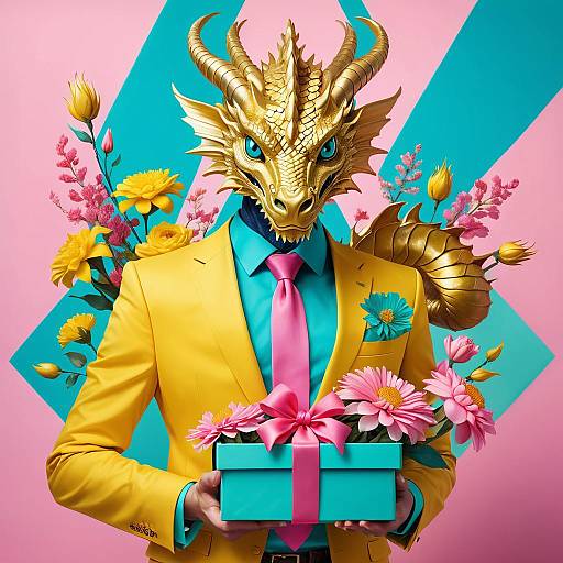 Surreal Golden Dragon in Yellow Suit with Floral Gift Box