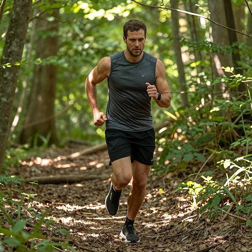 Photograph of a muscular, bearded man in a dark gray sleeveless shirt and black shorts, running through a sunlit, green forest path with