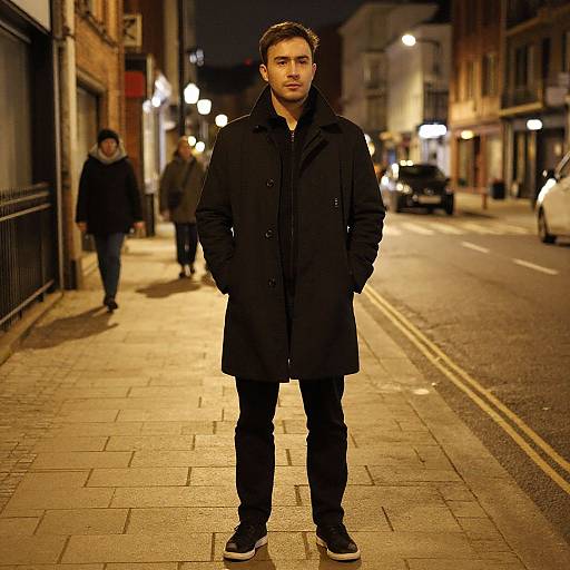 Photograph of a serious, dark-haired man in a black coat and jeans standing on a dimly lit urban street at night. Blurred pedestrians and