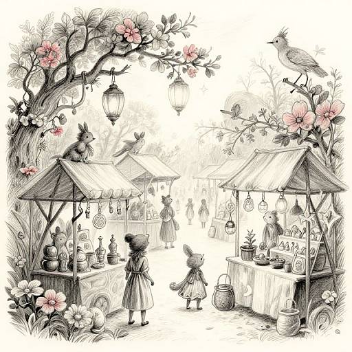 Whimsical black-and-white drawing of a market stall with flowers, lanterns, birds, and two children in dresses, surrounded by blooming trees