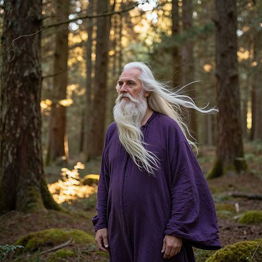 Photograph of an elderly man with long white hair and beard, wearing a purple tunic, standing in a sunlit forest.