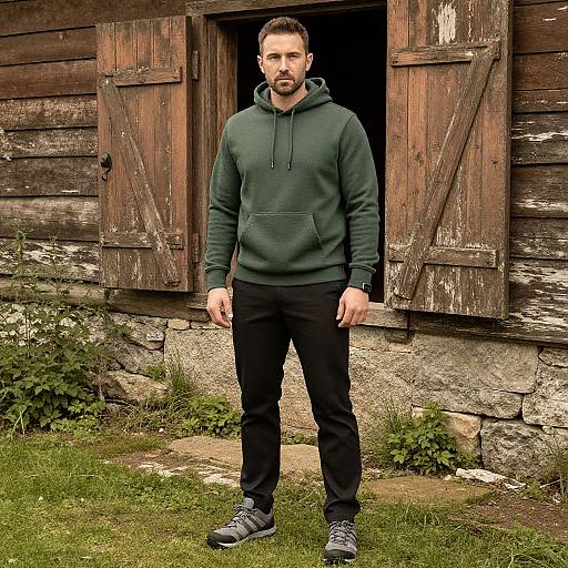 Photograph of a bearded man in a dark green hoodie and black pants standing in front of a rustic, weathered wooden cabin with open, worn