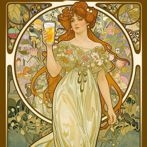 Art Nouveau-style digital illustration of a red-haired woman in a flowing white dress, holding a glass of beer, surrounded by vibrant floral patterns and circular