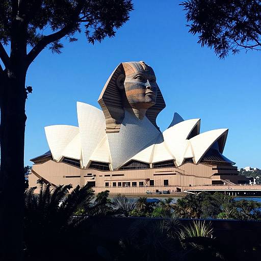 Photograph of the Sydney Opera House with its iconic sail-like roofs and the large, abstract, stone sculpture of an Egyptian-like face in the foreground,