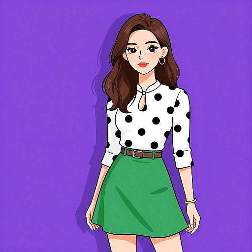 Stylish Woman in Polka Dot Top and Green Skirt