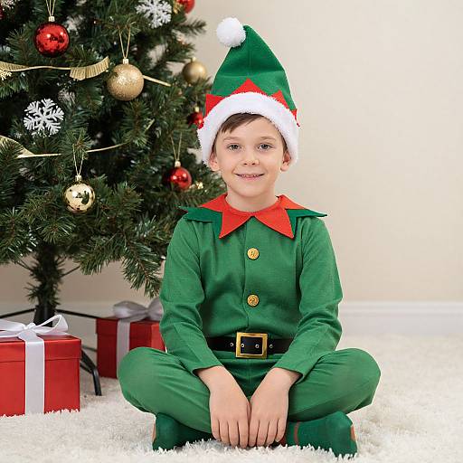 Photograph of a smiling young boy in an elf costume, green outfit with red collar, white and green hat, kneeling in front of a decorated Christmas