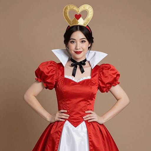 Photograph of an Asian woman in a red and white Alice in Wonderland costume with puffed sleeves, black bow, and golden heart crown, against a
