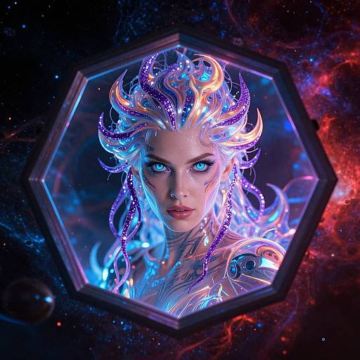 Digital art of a glowing, ethereal woman with neon blue and purple hair, piercing blue eyes, and intricate cybernetic armor, framed by a