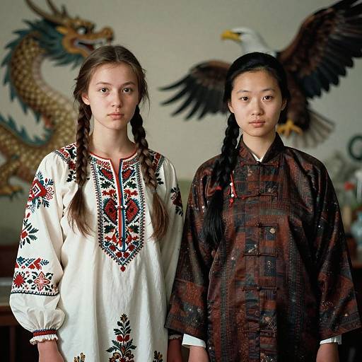 Photograph of two young girls, one with light brown hair in braids wearing a white embroidered blouse, the other with black hair in braids wearing