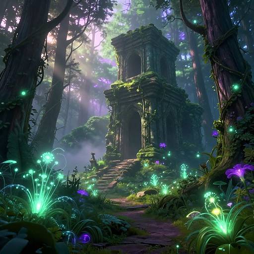 Mystical forest scene with glowing bioluminescent plants, ancient overgrown stone ruins, and ethereal sunlight filtering through towering trees. Digital fantasy