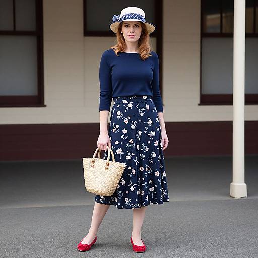 Photograph of a woman in a navy long-sleeve top, black floral skirt, white hat, red flats, and woven handbag, standing