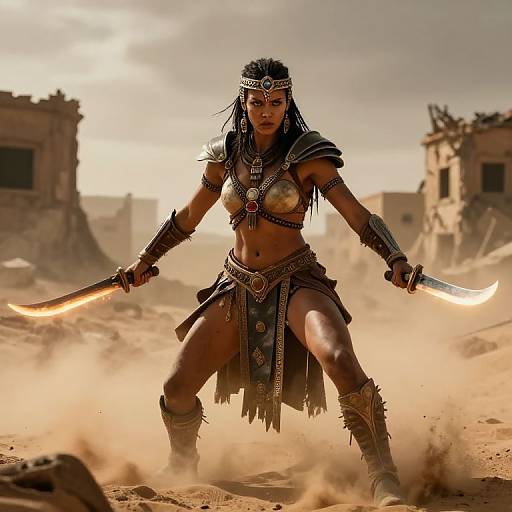 Digital artwork of a fierce, dark-skinned warrior woman with black hair, tribal armor, and dual glowing swords, standing in a dusty, ruined desert