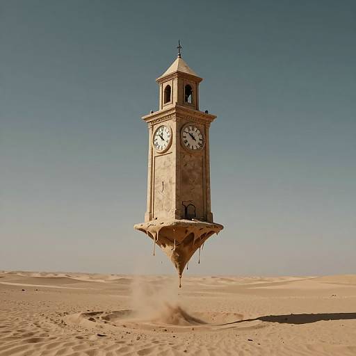 Photograph of a floating, beige clock tower with a white face, set against a clear blue sky, rising from a desert landscape.