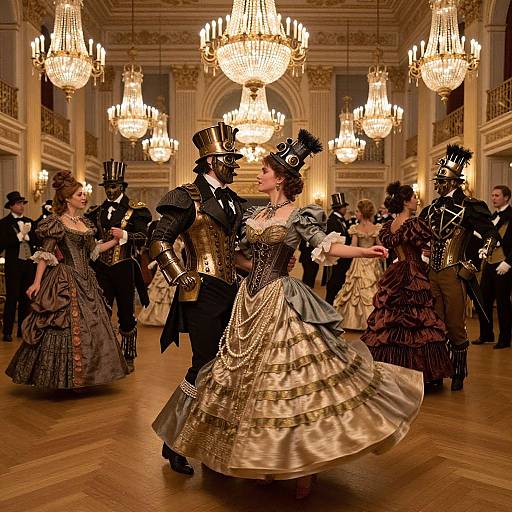 Photograph of a Victorian-themed ballroom dance, featuring dancers in ornate black and gold Victorian attire with top hats, under grand chandeliers.