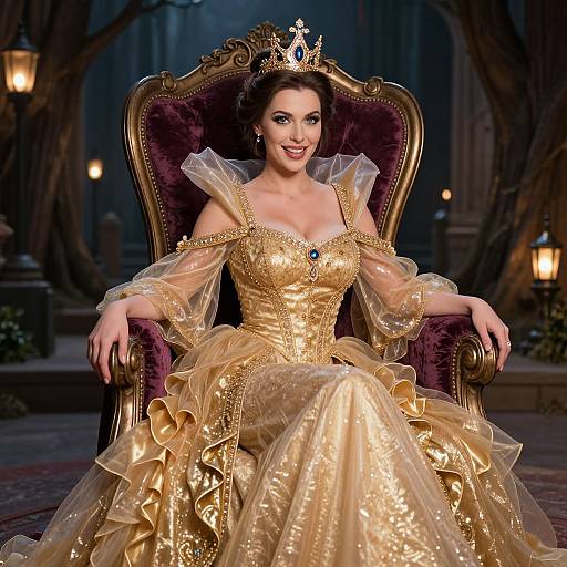 Photograph of a smiling woman in an elaborate gold and cream ballgown with sheer sleeves, seated on an ornate throne, wearing a jeweled