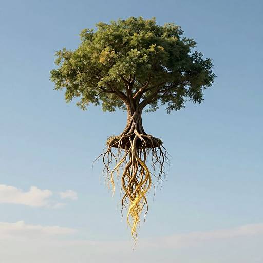 Photograph of a floating tree with green leaves and visible roots against a clear blue sky, resembling a surreal, suspended landscape.