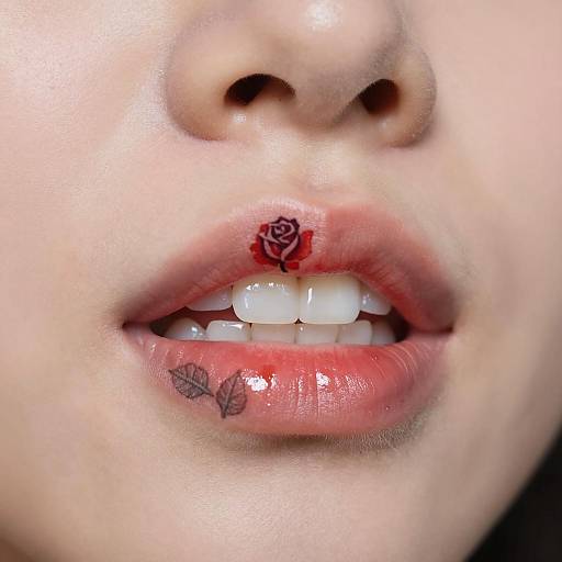 Close-up of Lips with Rose and Leaf Tattoos