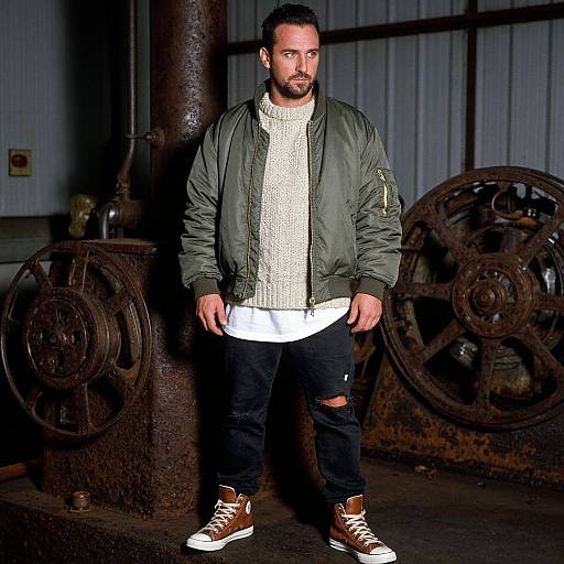 Photograph of a bearded man with short dark hair, wearing a green bomber jacket, white knit sweater, black ripped jeans, and brown high-top