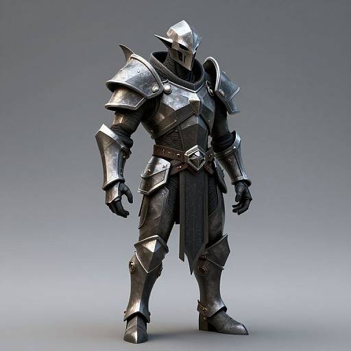 Photorealistic CGI of a muscular, armored warrior with a silver helmet, shoulder pauldrons, and a black, tattered cloak, standing in