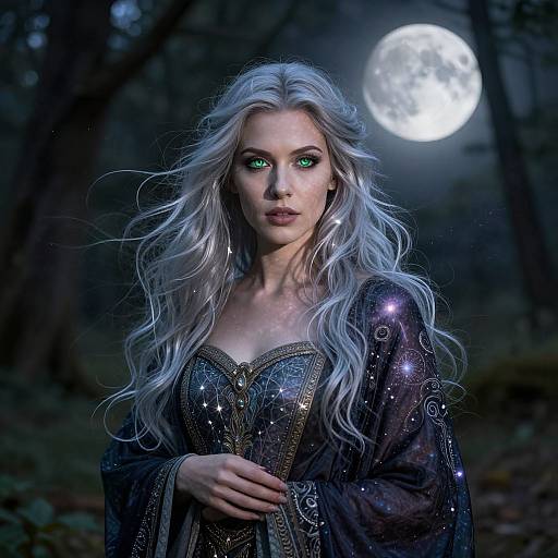 Fantasy photograph of a stunning woman with long silver hair, glowing green eyes, and a star-studded dark gown, standing under a full moon in
