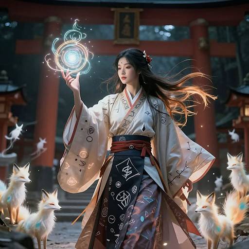 Digital artwork of an Asian woman in traditional white and black kimono, conjuring a glowing orb of light surrounded by ethereal fox spirits, standing in
