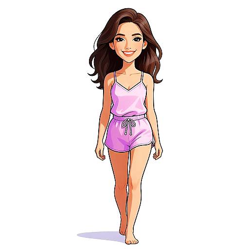 Digital illustration of a smiling young woman with long brown hair, wearing a pink spaghetti-strap top and matching shorts, walking barefoot against a white background