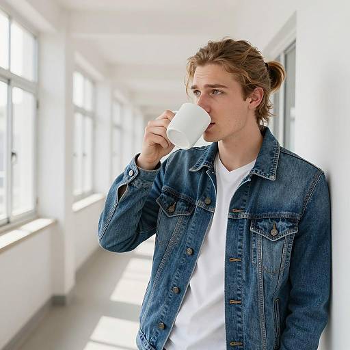 Young man drinking from white mug in denim jacket