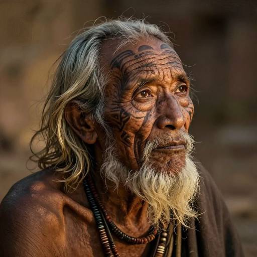 Photograph of an elderly Indian man with deeply wrinkled face, long gray beard, and black tribal tattoos, wearing a dark shirt and bead necklace,