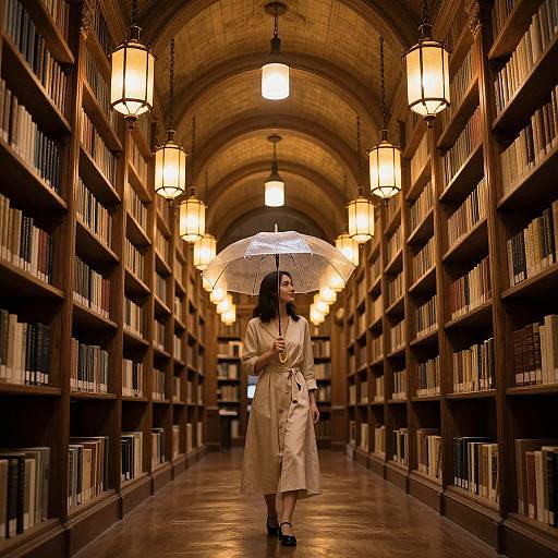 Photograph of a woman with long dark hair, wearing a beige trench coat and holding a lace umbrella, walking down a warmly lit, wooden-paneled