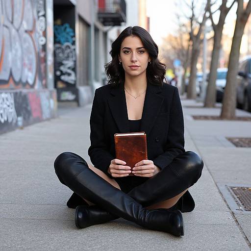 Photograph of a dark-haired woman with pale skin, sitting cross-legged on a city sidewalk, wearing a black blazer, leather pants, and boots