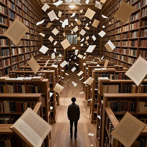 Photograph of a silhouetted person standing in a vast, wooden library with books on both sides, surrounded by floating papers. Warm, ambient