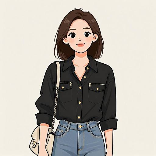 Anime-style digital drawing of a smiling young woman with straight brown hair, wearing a black button-up shirt, blue jeans, and carrying a white shoulder bag