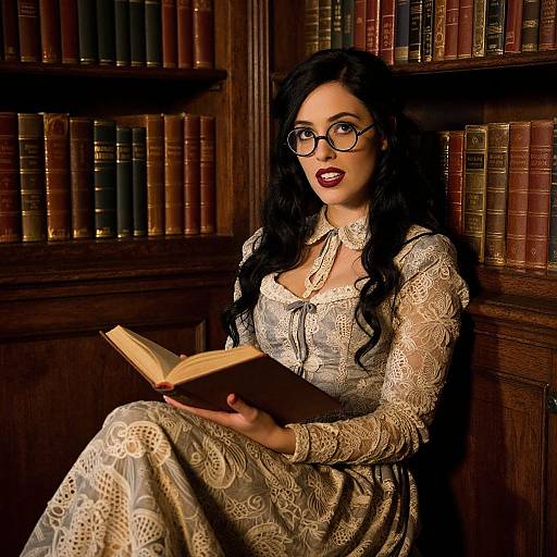Photograph of a woman with long black hair, glasses, and red lipstick, wearing an ornate lace dress, reading a book in a dimly