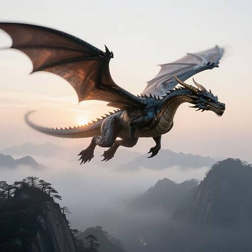 Digital art of a majestic, blue-scaled dragon with large wings soaring over misty mountains at sunset, casting a glowing light.